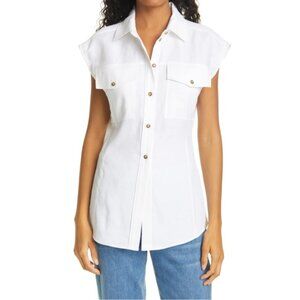 FRAME Arie Sleeveless Linen Button-Up Top in White